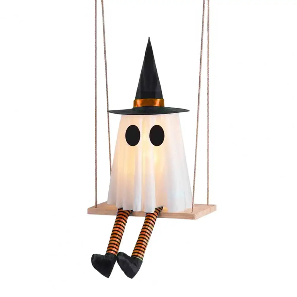 Halloween Hanging Swinging Ghost Decoration Spooky Light Up Swing Ghost with Witch Hat for Outdoor Tree Decor