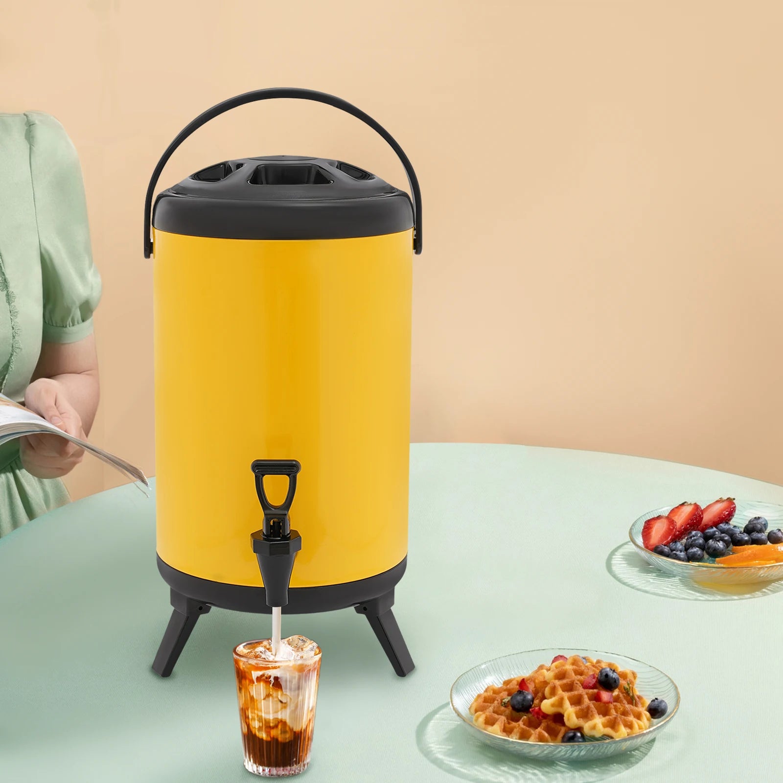 10L Stainless Steel Insulated Beverage Dispenser, Yellow Round Tabletop Drink Server with Spout, Hot & Cold Drink Dispenser