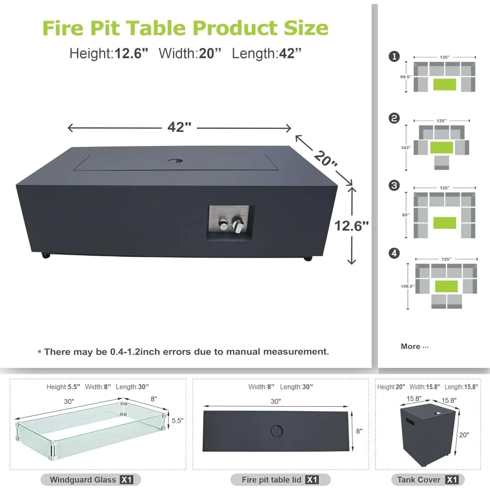 42 Rectangular Propane Fire Pit Table 50,000 BTU Fireplace Table with Wind Guard, Lid, Rocks and Cover, Fire Pits & Outdoor