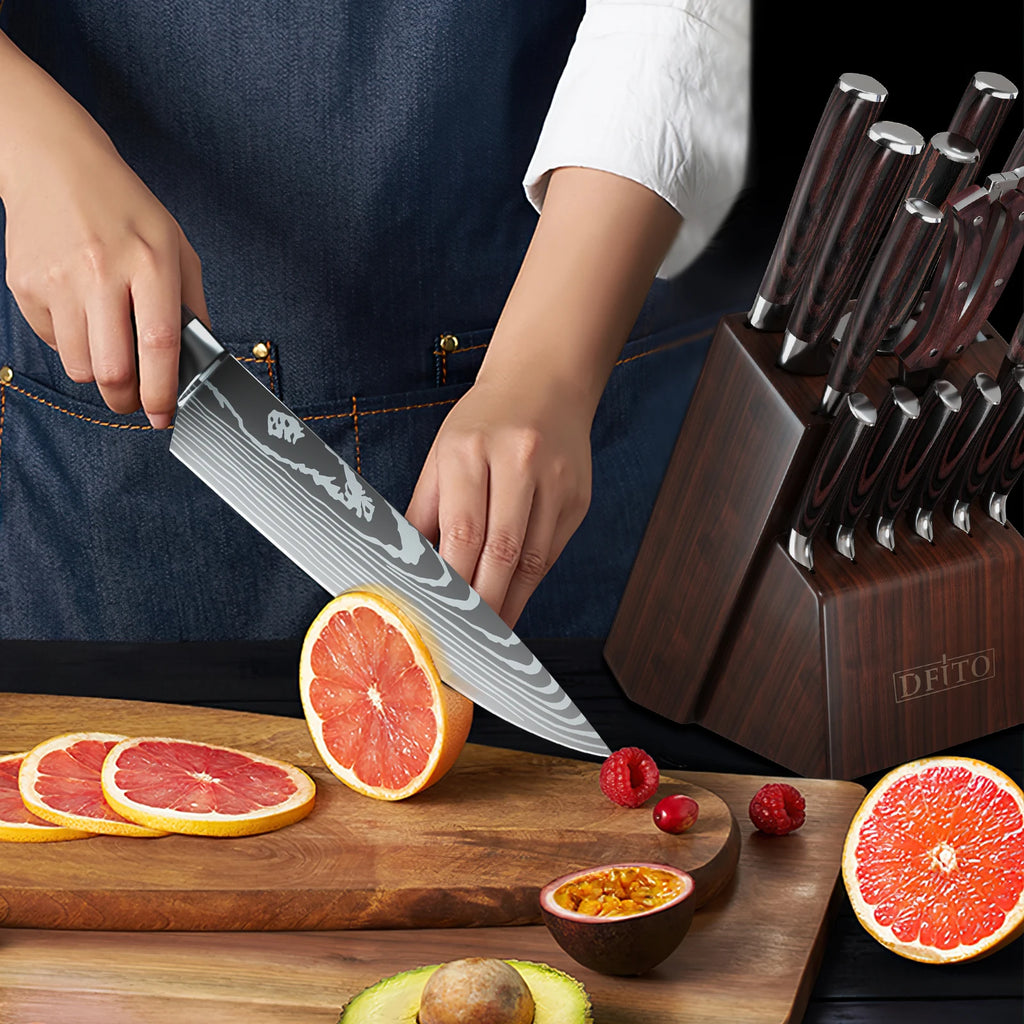 MDHAND Knife Sets for Kitchen 14 Pieces with Knife Holder High Carbon Stainless Steel Damascus Pattern Sharp Chef Knife Set
