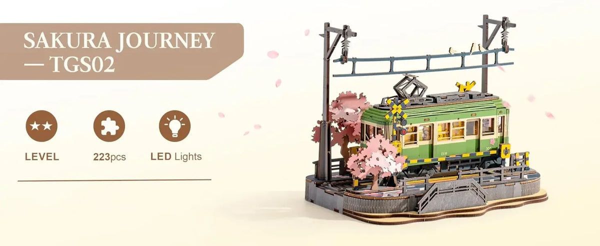 Robotime Sakura Journey Tram 3D Wooden Puzzles with LED Lights Home Decor Gift for Adults Women Girls