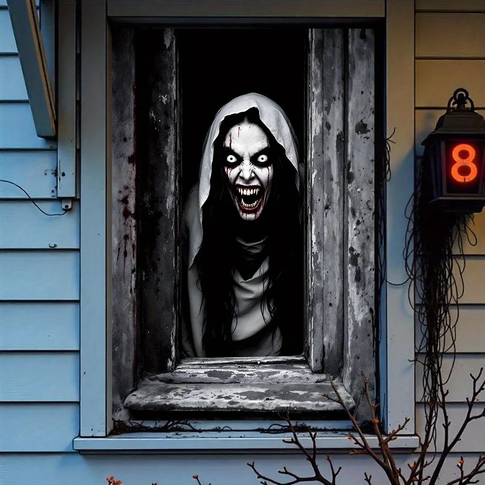 One Halloween curtain - featuring a terrifying design of a ghostly female face, with a horror theme and seasonal decoration.