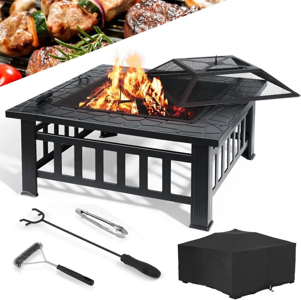 Fire Basket Garden Fireplace 81x81x45cm Including Grill (51*51cm) And Waterproof Cover For Heating/Grilling Metal Brazier