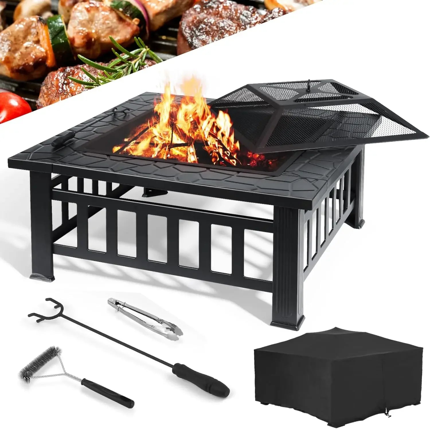 Fire Basket Garden Fireplace 81x81x45cm Including Grill (51*51cm) And Waterproof Cover For Heating/Grilling Metal Brazier