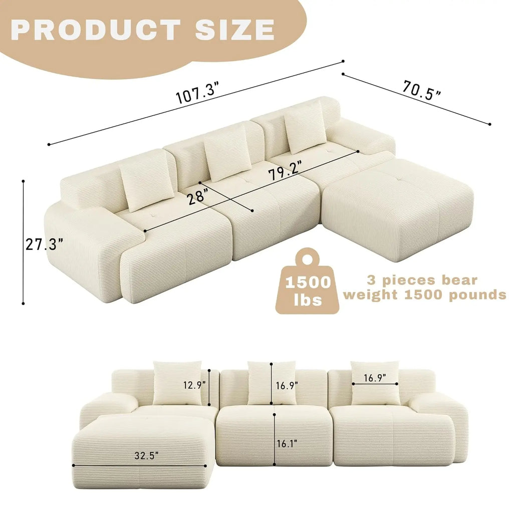 107in Modular Sectional Sofa with Ottoman L-Shape Deep Seat Corduroy Memory Foam No Assembly Living Room Furniture Custom