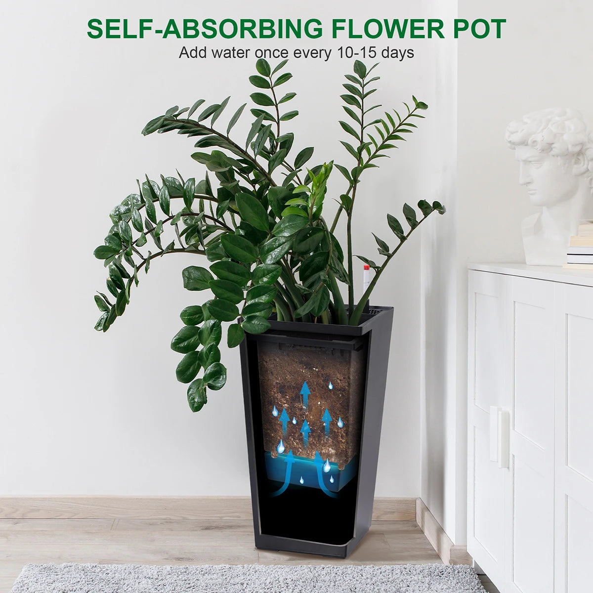 Rectangular Planters Set of 2, Large Plant Pots with Drainage Holes＆Water Level Monitor for Outdoor Indoor Patio Porch Rooms