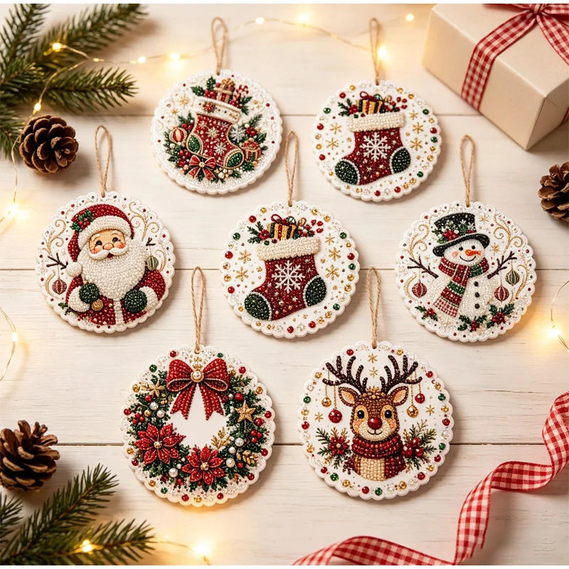 Christmas Diamond Painting Kit DIy Christmas Wooden Ornaments Xmas Snowman Reindeer Hanging Decor Relaxing Project Holiday Gifts