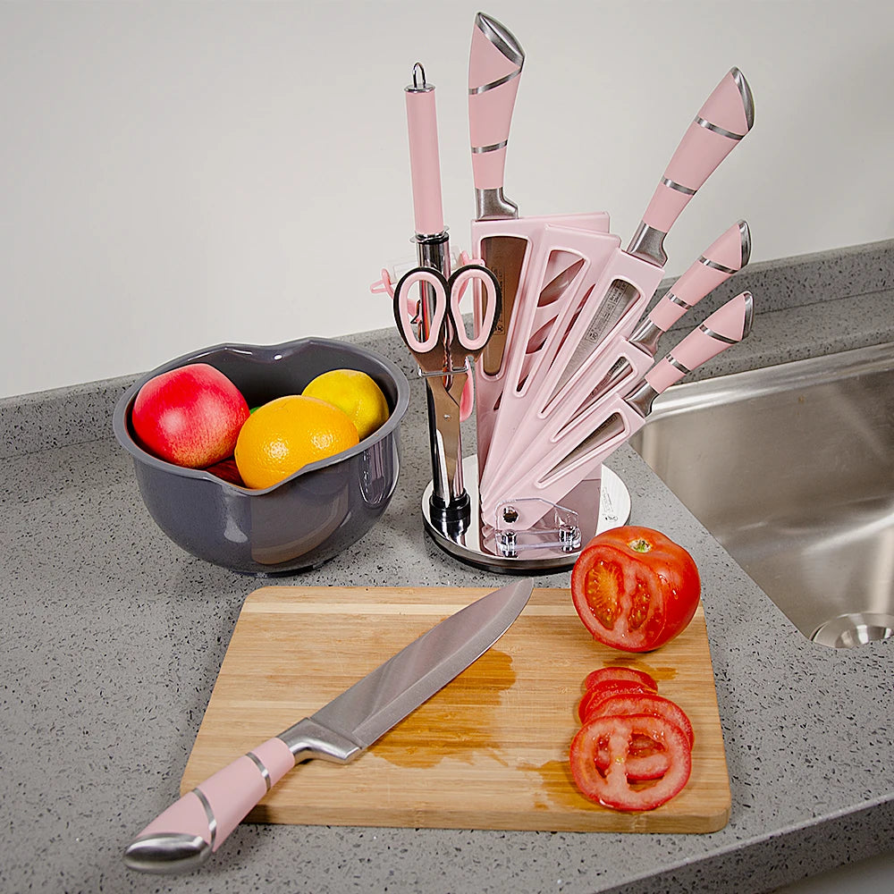 ZENG 9PCS Kitchen Knife Set Stainless Steel Hollow Handle Sharp Meat Cutting Cooking Knife Scissors Bread Knife Fruit Peeler