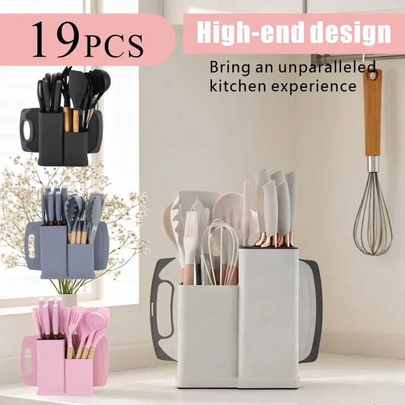 19-in-1 Kitchen Knife & Silicone Utensil Combo Set, Heat Resistant Cooking Tools with Detachable Storage Organizer