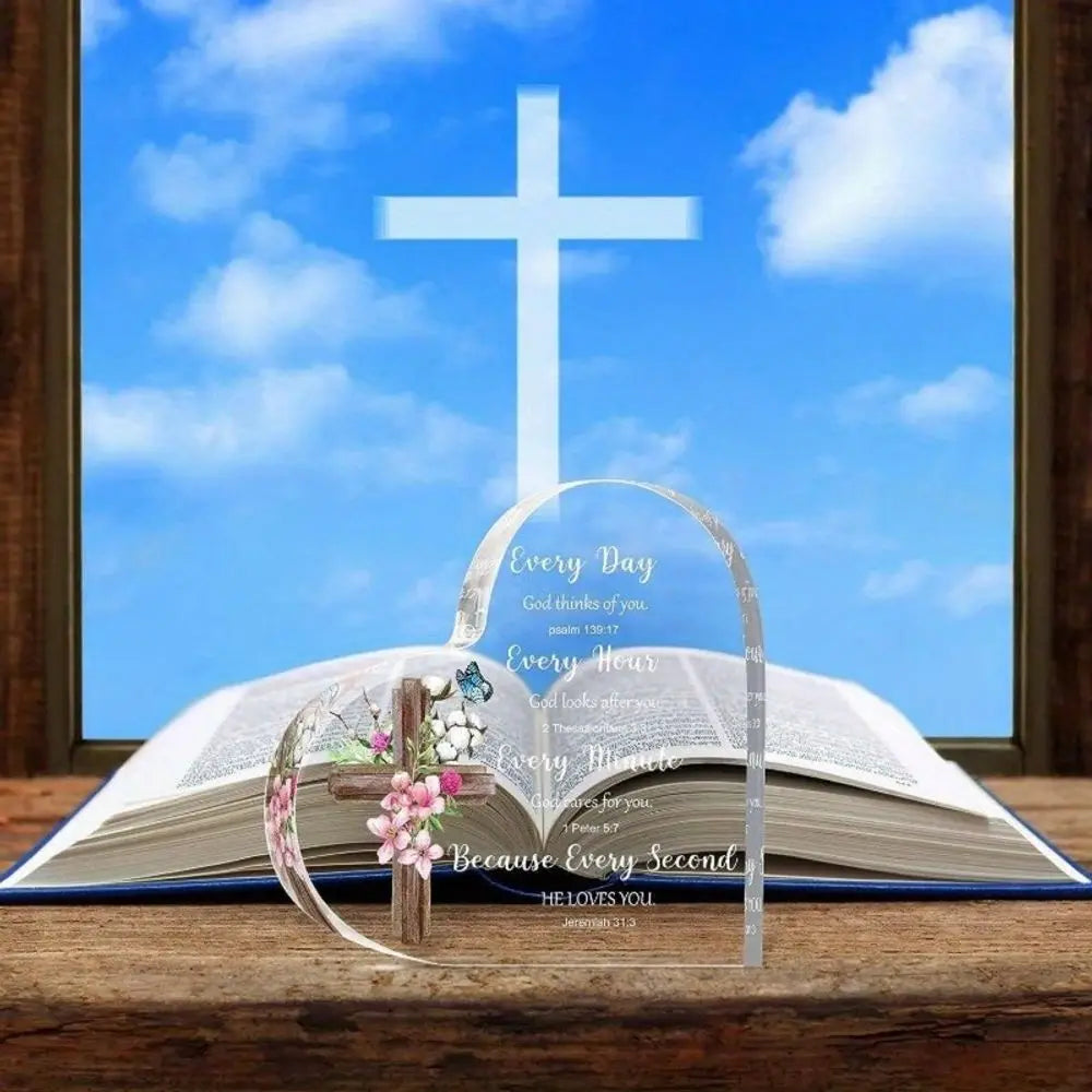 Heart-Shaped Bible Verse Acrylic Decor – Boho Cross & Floral Design, Desk & Home Decor, Ideal Gift for Mom