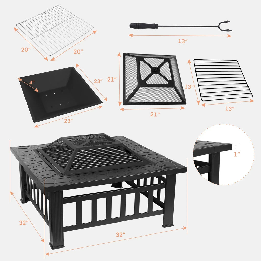Fire Basket Garden Fireplace 81x81x45cm Including Grill (51*51cm) And Waterproof Cover For Heating/Grilling Metal Brazier