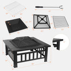 Fire Basket Garden Fireplace 81x81x45cm Including Grill (51*51cm) And Waterproof Cover For Heating/Grilling Metal Brazier
