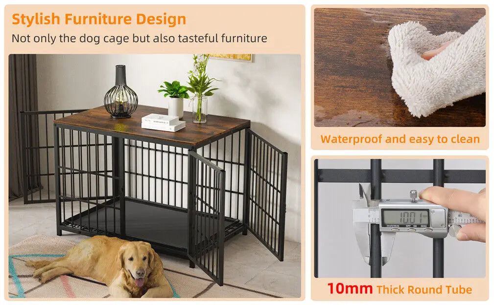 Wooden Dog Crate Furniture with Metal Frame, Large Indoor Dog Kennel End Table, Stylish Pet Cage with 3 Doors and Removable Tray