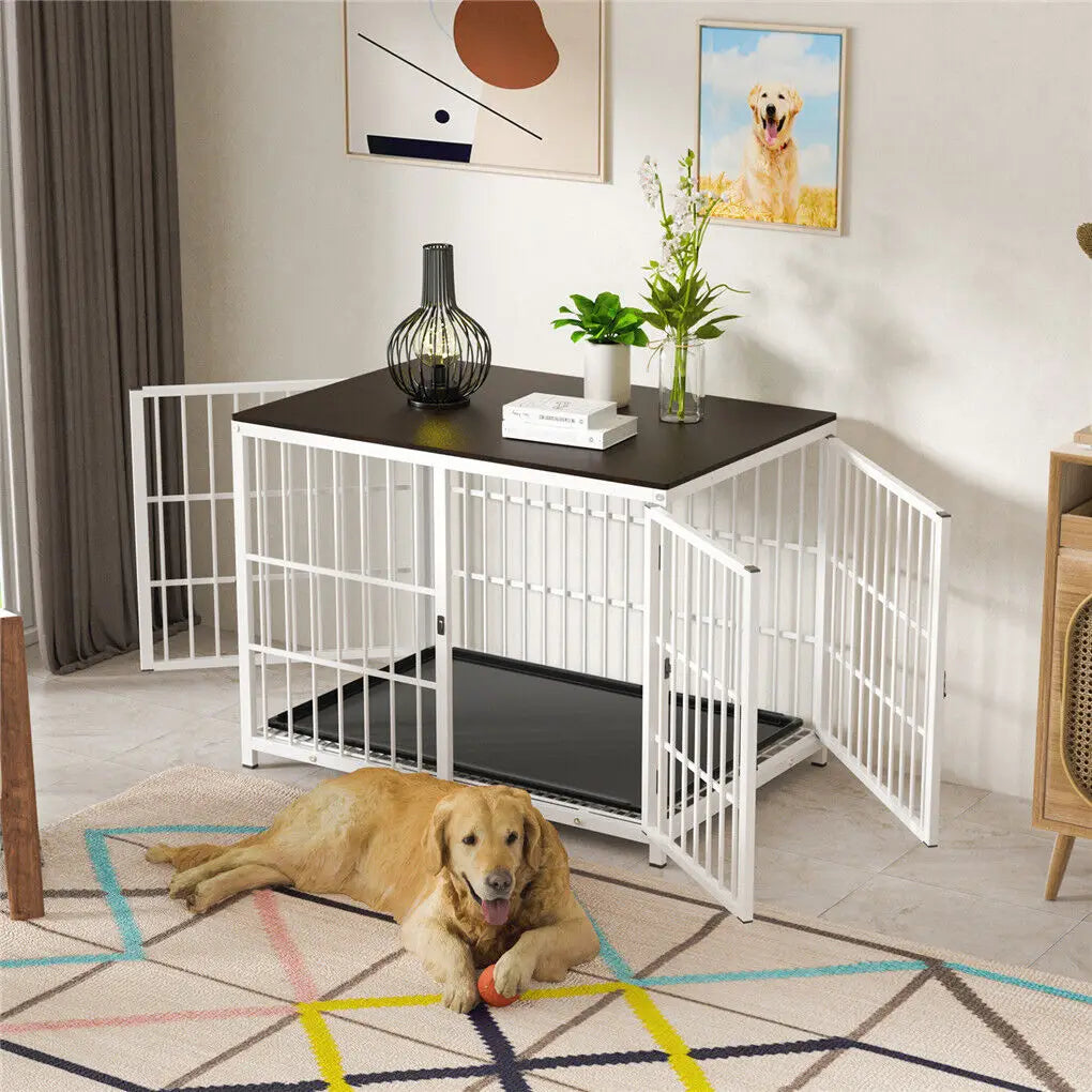 Wooden Dog Crate Furniture with Metal Frame, Large Indoor Dog Kennel End Table, Stylish Pet Cage with 3 Doors and Removable Tray