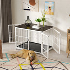 Wooden Dog Crate Furniture with Metal Frame, Large Indoor Dog Kennel End Table, Stylish Pet Cage with 3 Doors and Removable Tray
