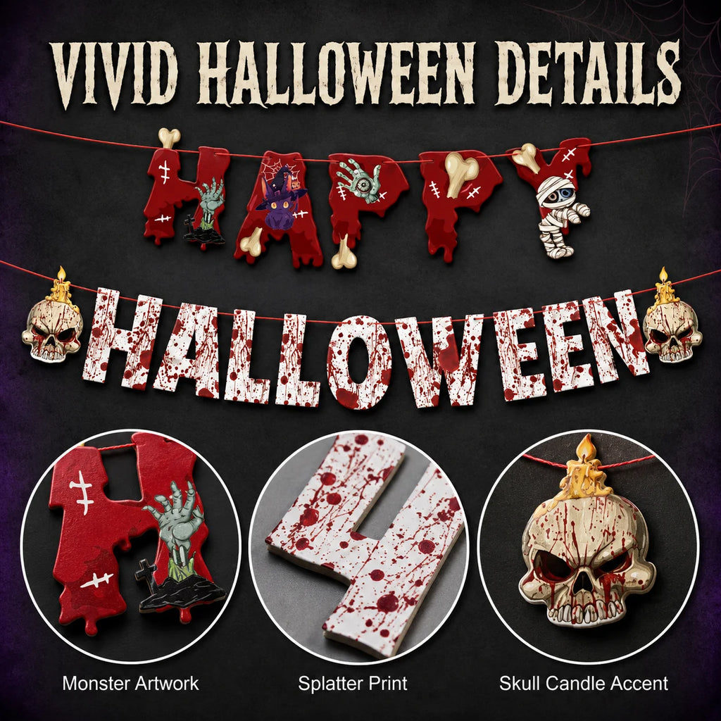 Halloween Ceiling Hangings: Skeletons, Mummies, Bloodstained Handprints, Bat Garlands. Kids Halloween Home Decor