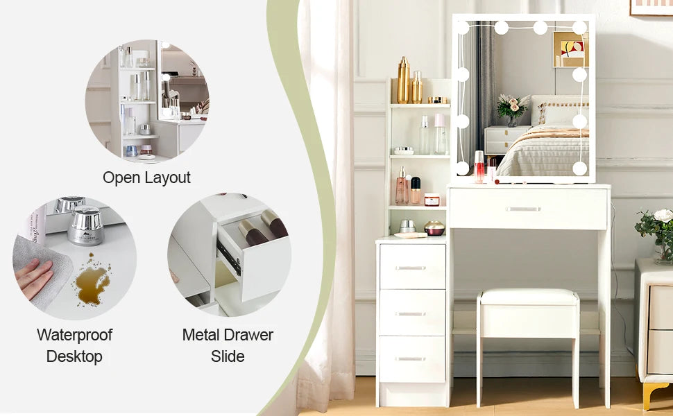 LED Vanity Table with Sliding Mirror, White Makeup Desk 4 Drawers Stool, Dressing Table for Women, Glam Furniture