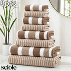 8-Piece Ultra Absorbent Towel Set, Lint-Free & Super Soft Two-Tone Striped Bath Towel Collection, Premium Microfiber Bathroom Towel Set Includes 2 Bath Towels, 2 Face Towels & 4 Hand Towels, Suitable for Bathroom, Spa & Hotel