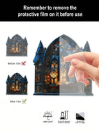Halloween Gothic House Hanging Decor Acrylic Building Shape with Book & Lantern Design Window Pendant Art Wall Ornament for Home