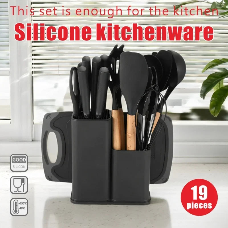 19-in-1 Kitchen Knife & Silicone Utensil Combo Set, Heat Resistant Cooking Tools with Detachable Storage Organizer