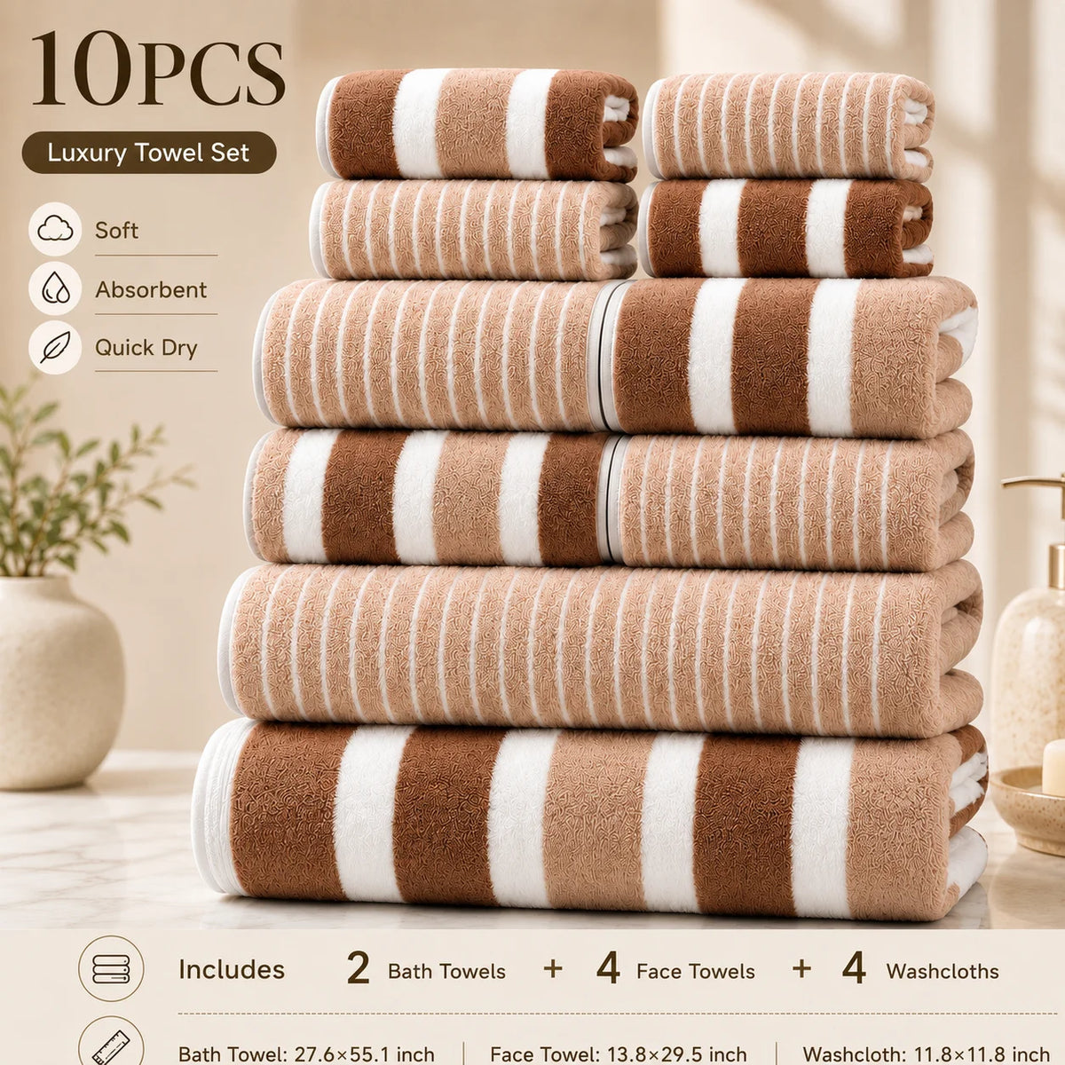 8-Piece Ultra Absorbent Towel Set, Lint-Free & Super Soft Two-Tone Striped Bath Towel Collection, Premium Microfiber Bathroom Towel Set Includes 2 Bath Towels, 2 Face Towels & 4 Hand Towels, Suitable for Bathroom, Spa & Hotel