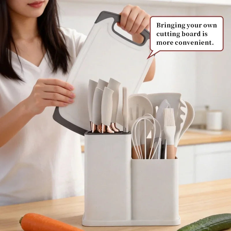 19-in-1 Kitchen Knife & Silicone Utensil Combo Set, Heat Resistant Cooking Tools with Detachable Storage Organizer
