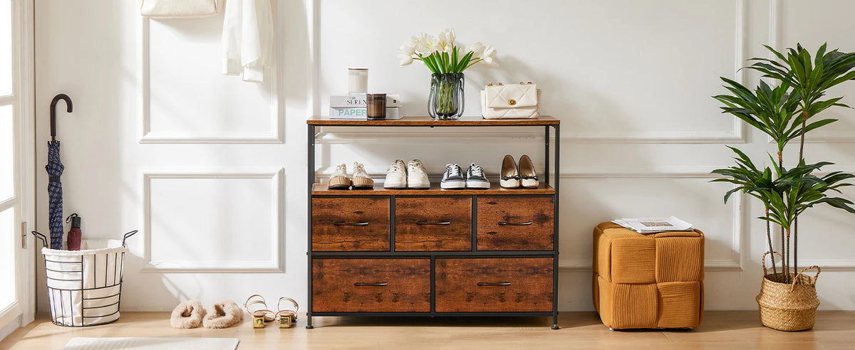 JHK Fireplace TV Stand Dresser For Bedroom With 5 Fabric Drawers Storage Closet Chest Clothes Storage Display Cabinet Furniture