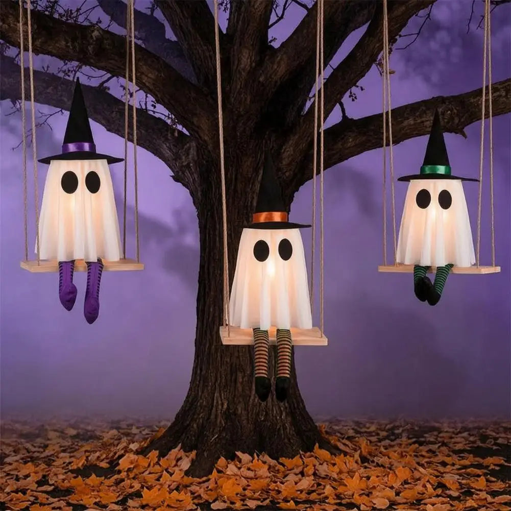 Halloween Hanging Swinging Ghost Decoration Spooky Light Up Swing Ghost with Witch Hat for Outdoor Tree Decor