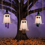 Halloween Hanging Swinging Ghost Decoration Spooky Light Up Swing Ghost with Witch Hat for Outdoor Tree Decor