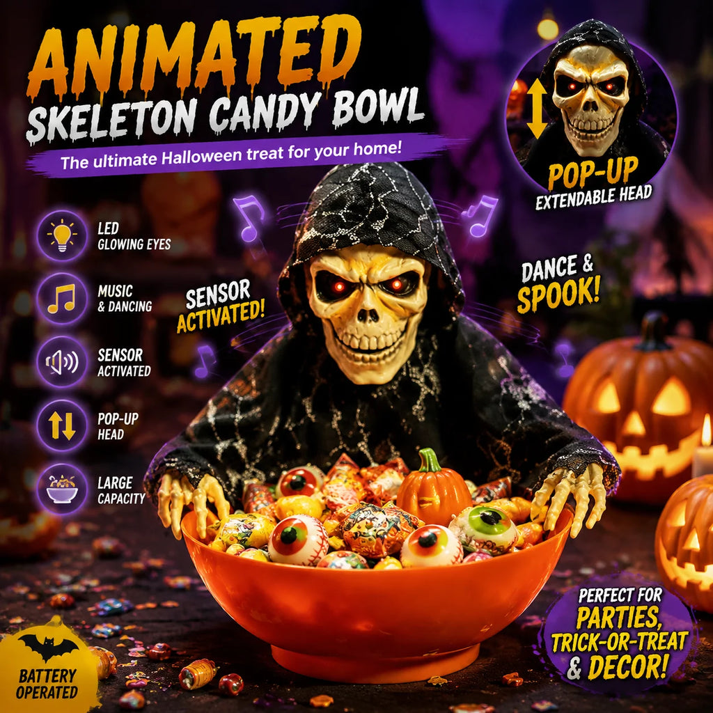 Halloween Skeleton Hand Candy Bowl with Light Up Red Eyes Spooky Sound Effects for Haunted House Party Decoration  ﻿