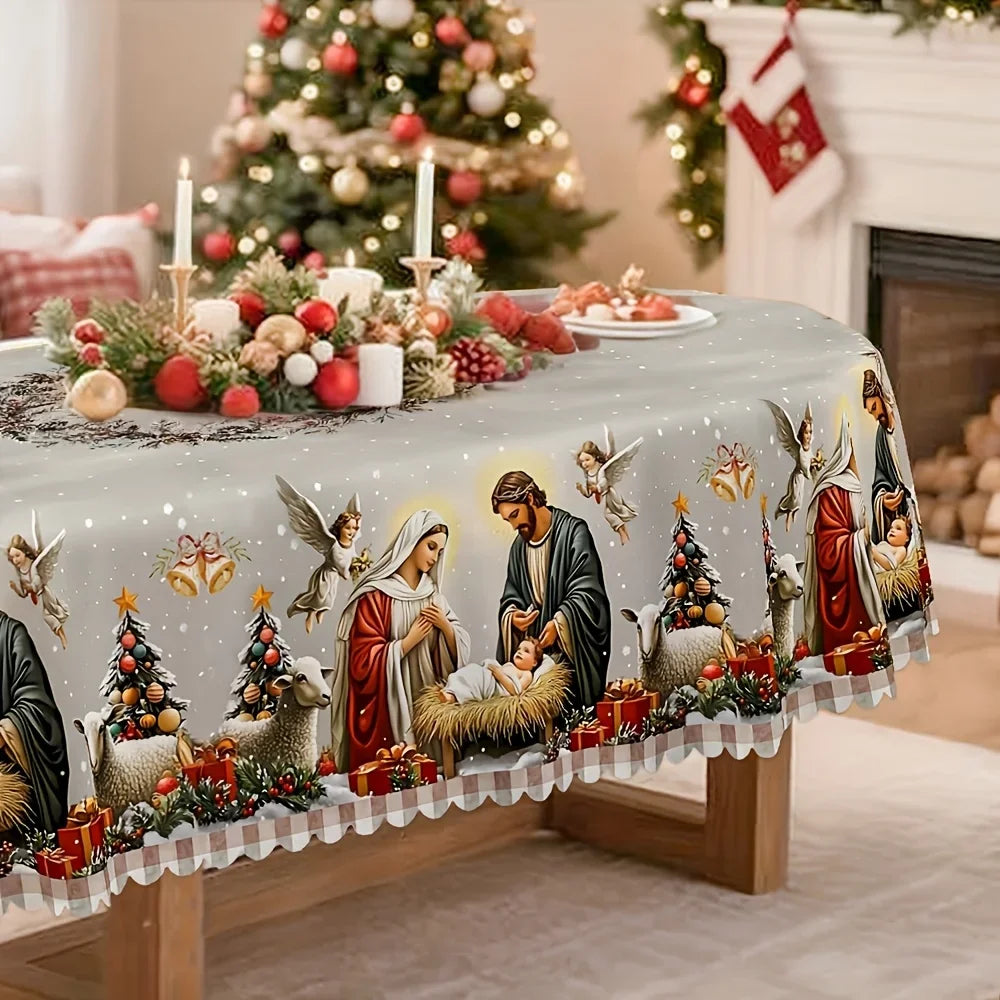 A Christmas tablecloth depicting the birth of Jesus in a sacred style, with white and red decorations and angels.zyc