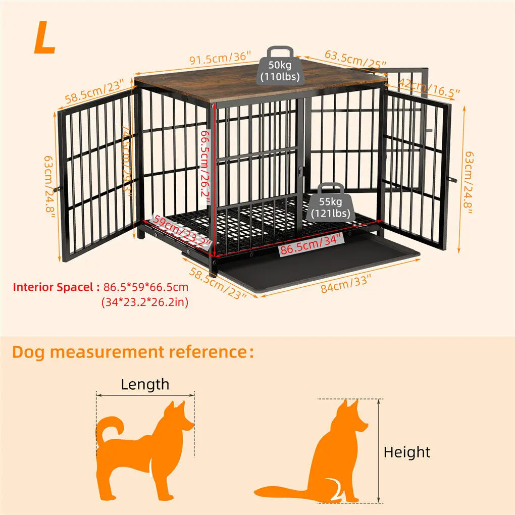 Wooden Dog Crate Furniture with Metal Frame, Large Indoor Dog Kennel End Table, Stylish Pet Cage with 3 Doors and Removable Tray