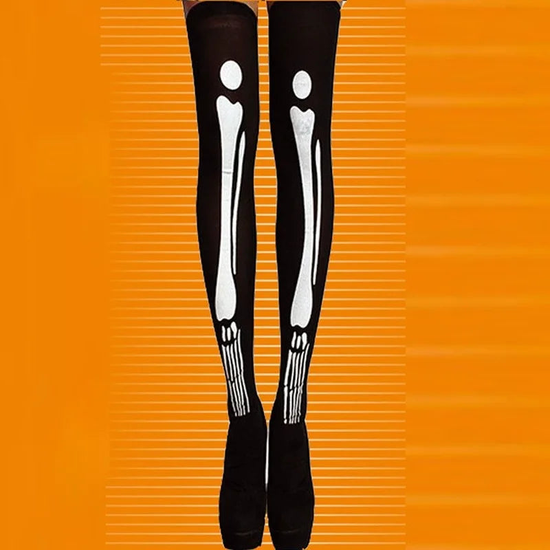 Halloween April Fools Day Theme Party Role Playing Horror Skull Print Long Tube Tight Stockings Costume Women Festival
