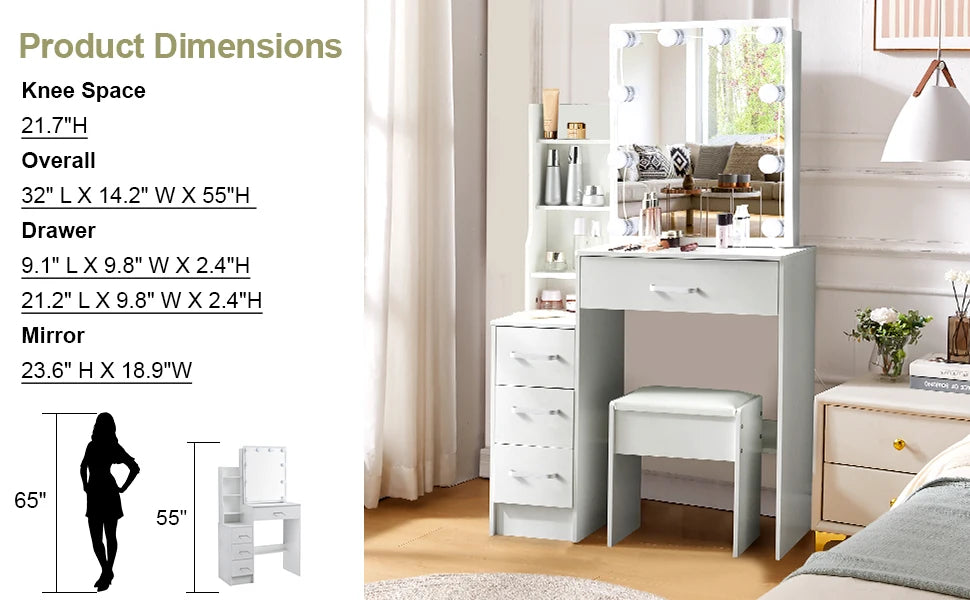 LED Vanity Table with Sliding Mirror, White Makeup Desk 4 Drawers Stool, Dressing Table for Women, Glam Furniture
