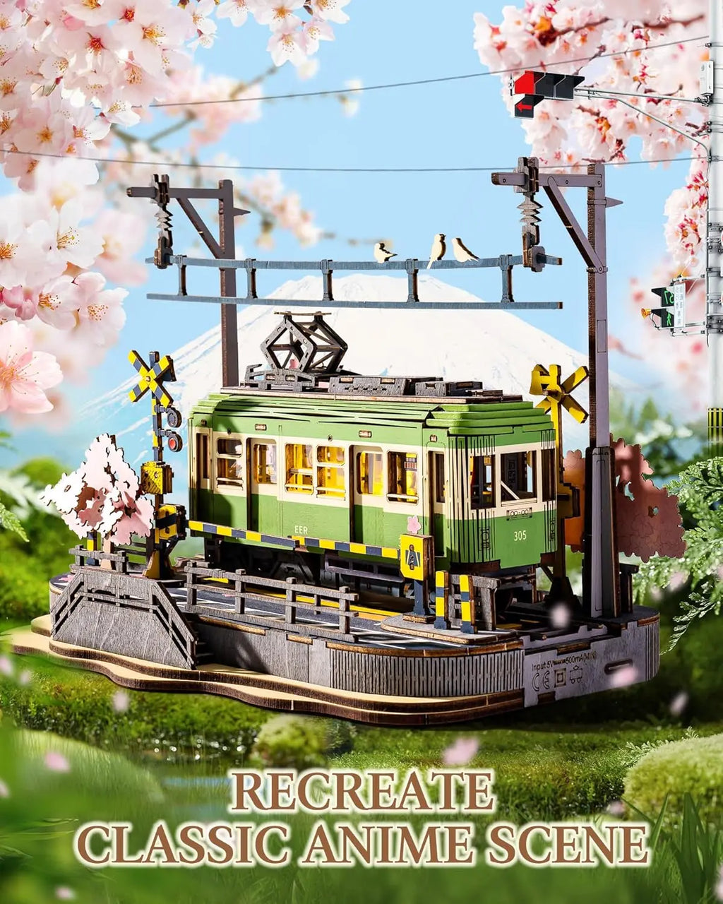 Robotime Sakura Journey Tram 3D Wooden Puzzles with LED Lights Home Decor Gift for Adults Women Girls