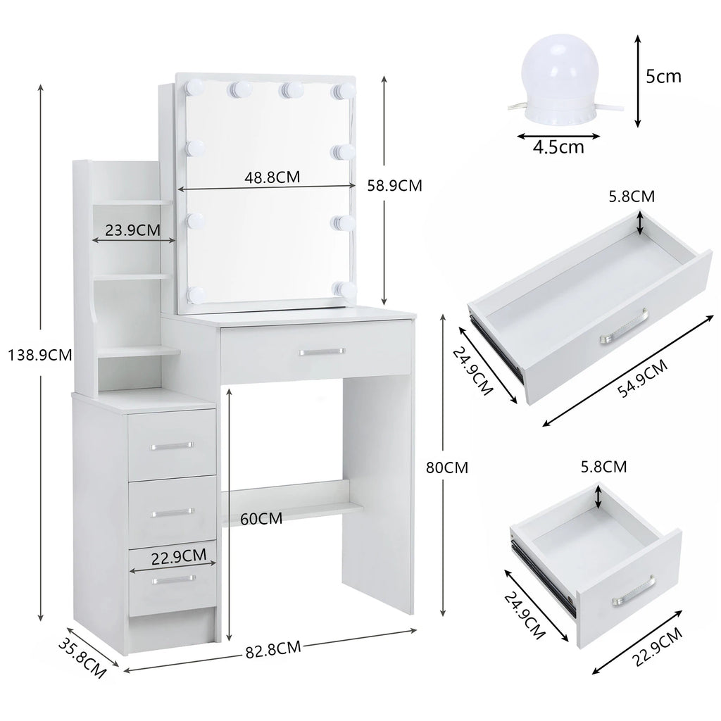 LED Vanity Table with Sliding Mirror, White Makeup Desk 4 Drawers Stool, Dressing Table for Women, Glam Furniture