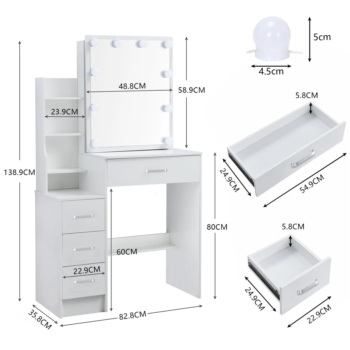 LED Vanity Table with Sliding Mirror, White Makeup Desk 4 Drawers Stool, Dressing Table for Women, Glam Furniture