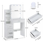LED Vanity Table with Sliding Mirror, White Makeup Desk 4 Drawers Stool, Dressing Table for Women, Glam Furniture