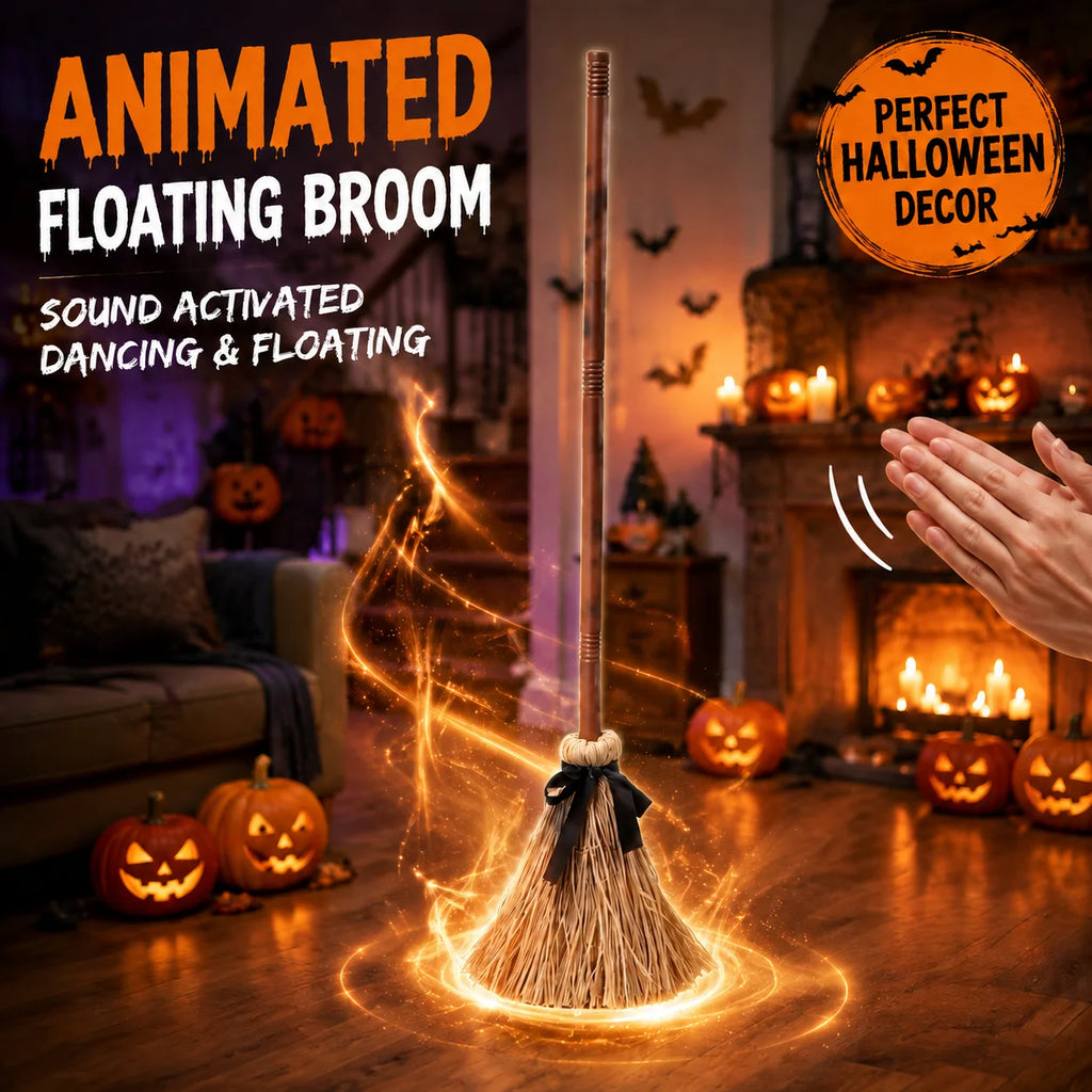 Halloween Animated Floating Witch Broom Sound Activated Dancing Magic Broom Detachable Electric Broom Prop Horror Party Decor