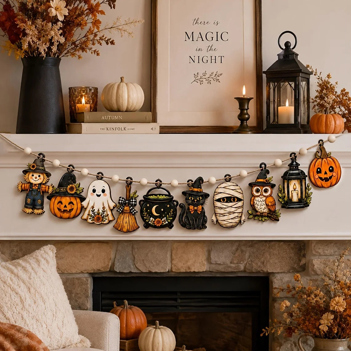 10 vintage Halloween wooden banners featuring wreaths, pumpkins, moons, ghosts, and wooden flags are cute and mysterious autumn party decorations, suitable for party decor, door decoration, window decoration, and festive part