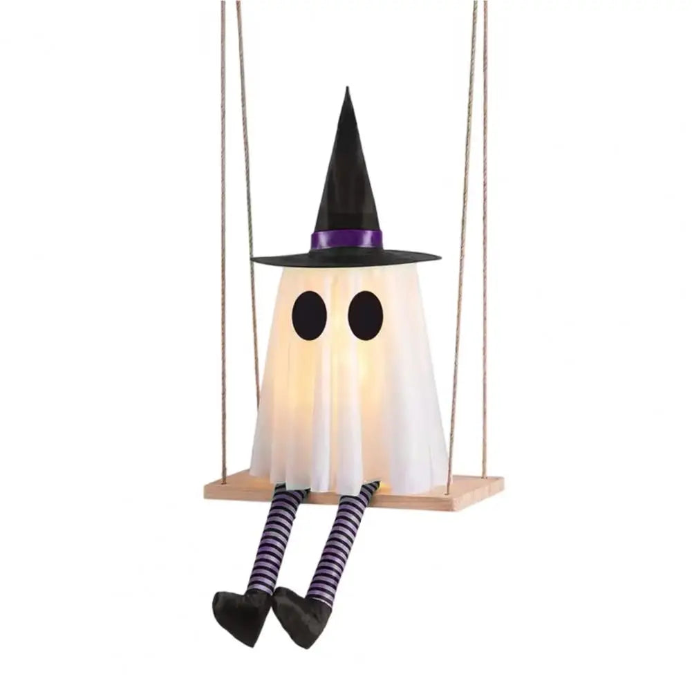 Halloween Hanging Swinging Ghost Decoration Spooky Light Up Swing Ghost with Witch Hat for Outdoor Tree Decor