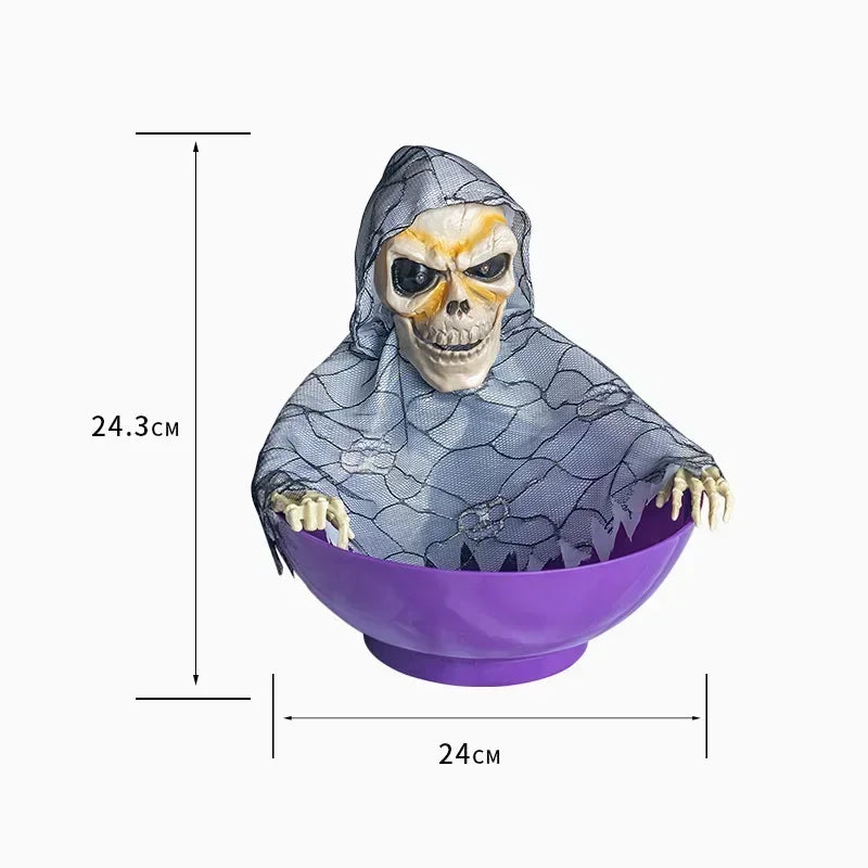 Halloween Skeleton Hand Candy Bowl with Light Up Red Eyes Spooky Sound Effects for Haunted House Party Decoration  ﻿