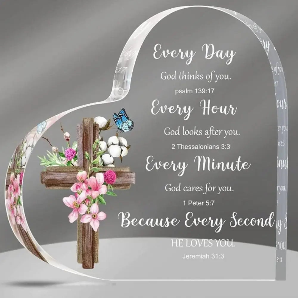 Heart-Shaped Bible Verse Acrylic Decor – Boho Cross & Floral Design, Desk & Home Decor, Ideal Gift for Mom