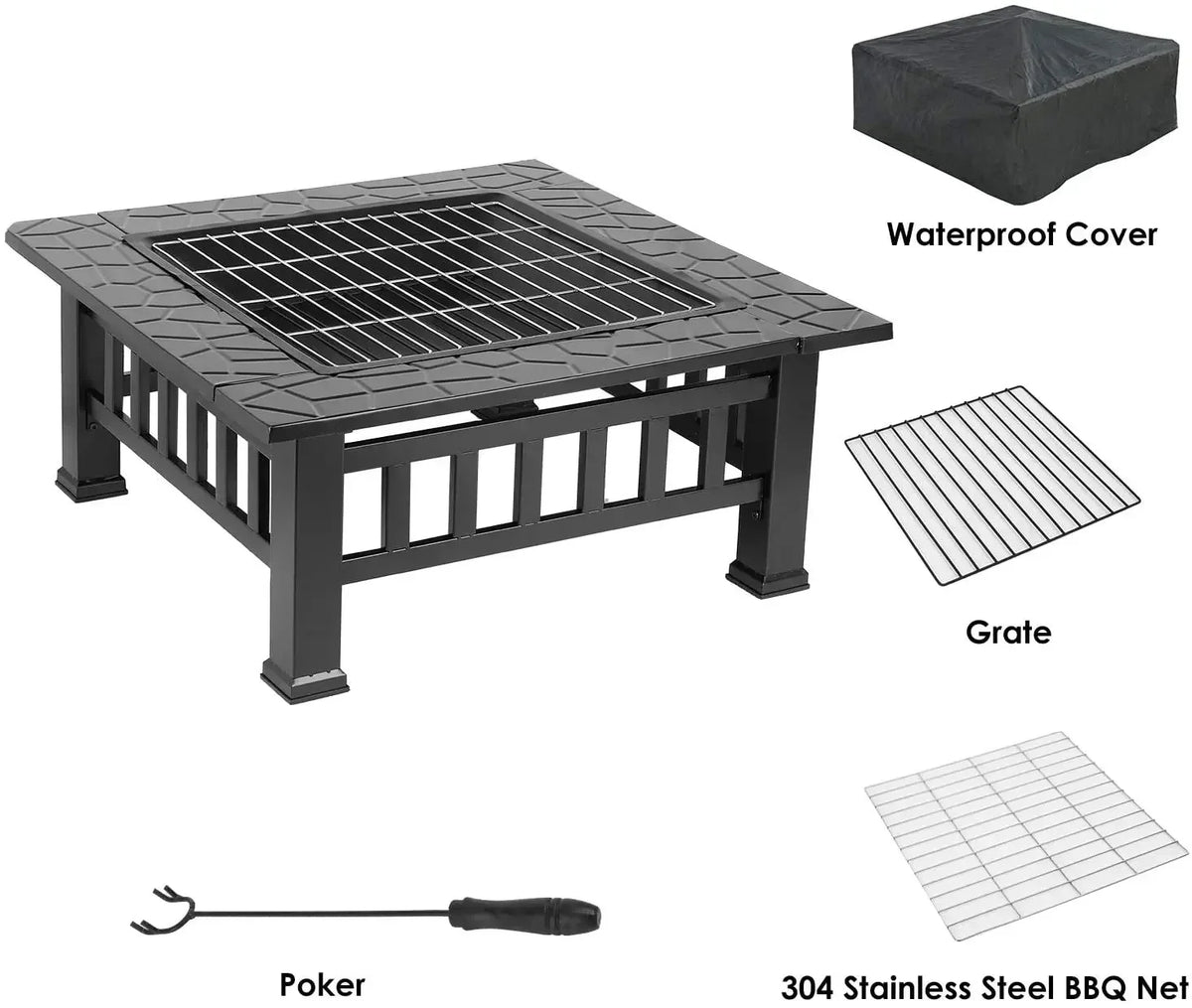 Fire Basket Garden Fireplace 81x81x45cm Including Grill (51*51cm) And Waterproof Cover For Heating/Grilling Metal Brazier