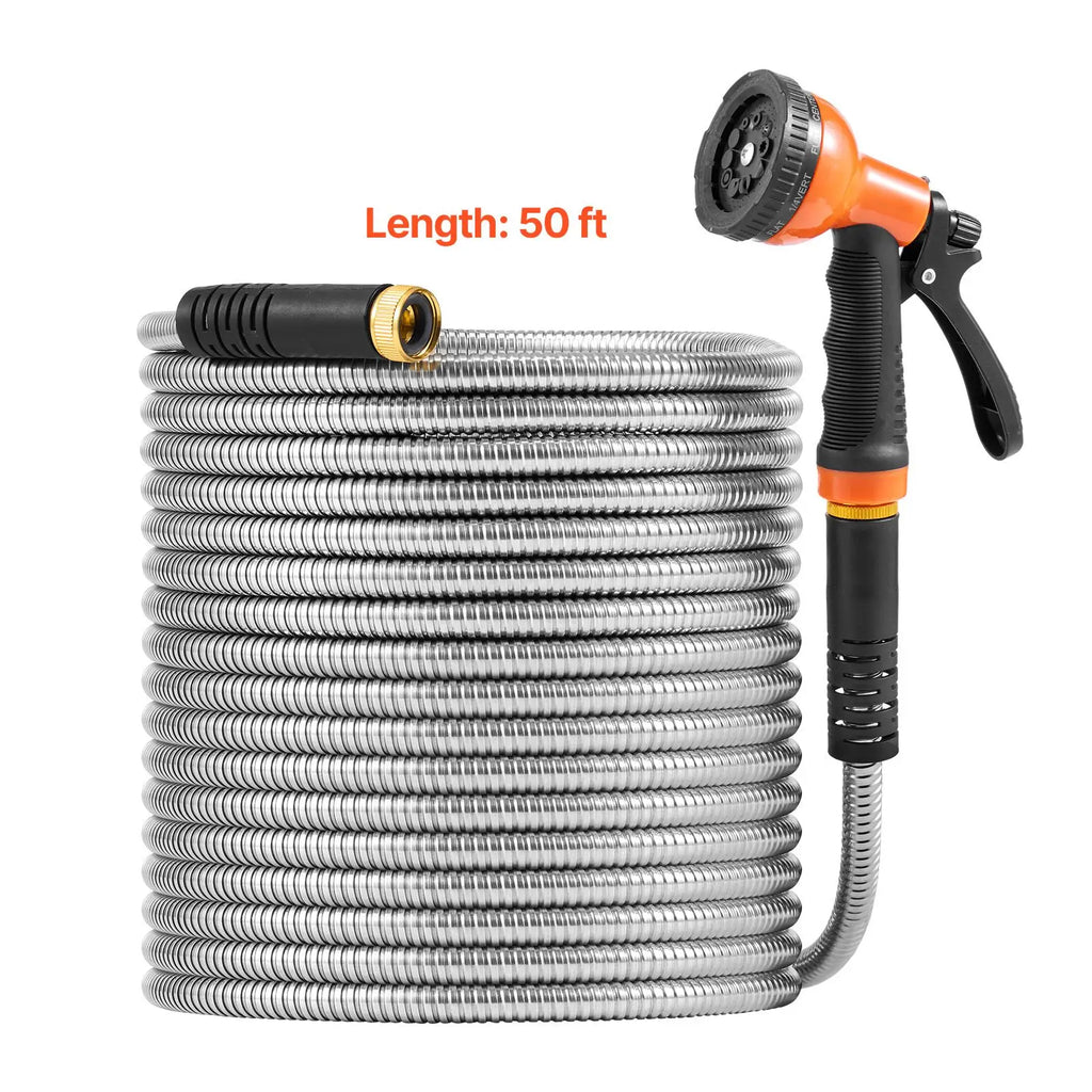 Metal Garden Hose 50 ft, Rust Proof Stainless Steel Water Hose, Heavy Duty Backyard Hose with 10 Function Nozzle, No-Kink & Flexible Water Pipe, Lightweight Metal Hose for Yard, Outdoor