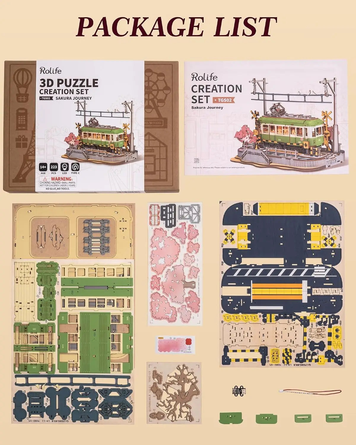 Robotime Sakura Journey Tram 3D Wooden Puzzles with LED Lights Home Decor Gift for Adults Women Girls