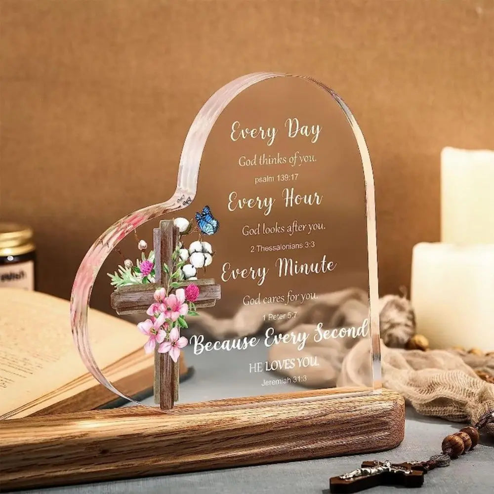 Heart-Shaped Bible Verse Acrylic Decor – Boho Cross & Floral Design, Desk & Home Decor, Ideal Gift for Mom