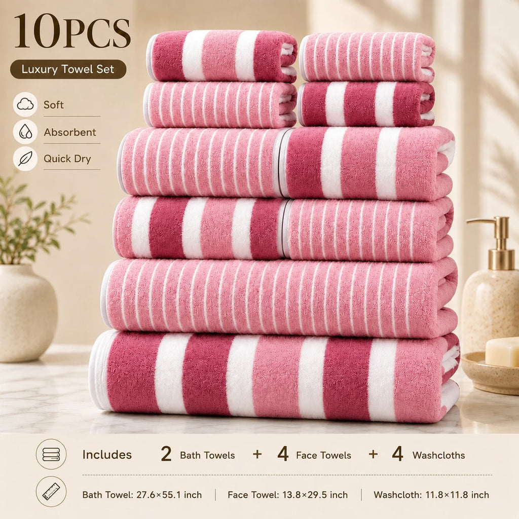 8-Piece Ultra Absorbent Towel Set, Lint-Free & Super Soft Two-Tone Striped Bath Towel Collection, Premium Microfiber Bathroom Towel Set Includes 2 Bath Towels, 2 Face Towels & 4 Hand Towels, Suitable for Bathroom, Spa & Hotel
