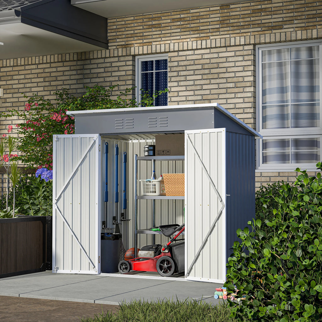 6x4 Ft Heavy Duty Metal Outdoor Storage Shed Lockable Double Doors with Floor Frame All Weather Utility Cabinet Backyard Patio
