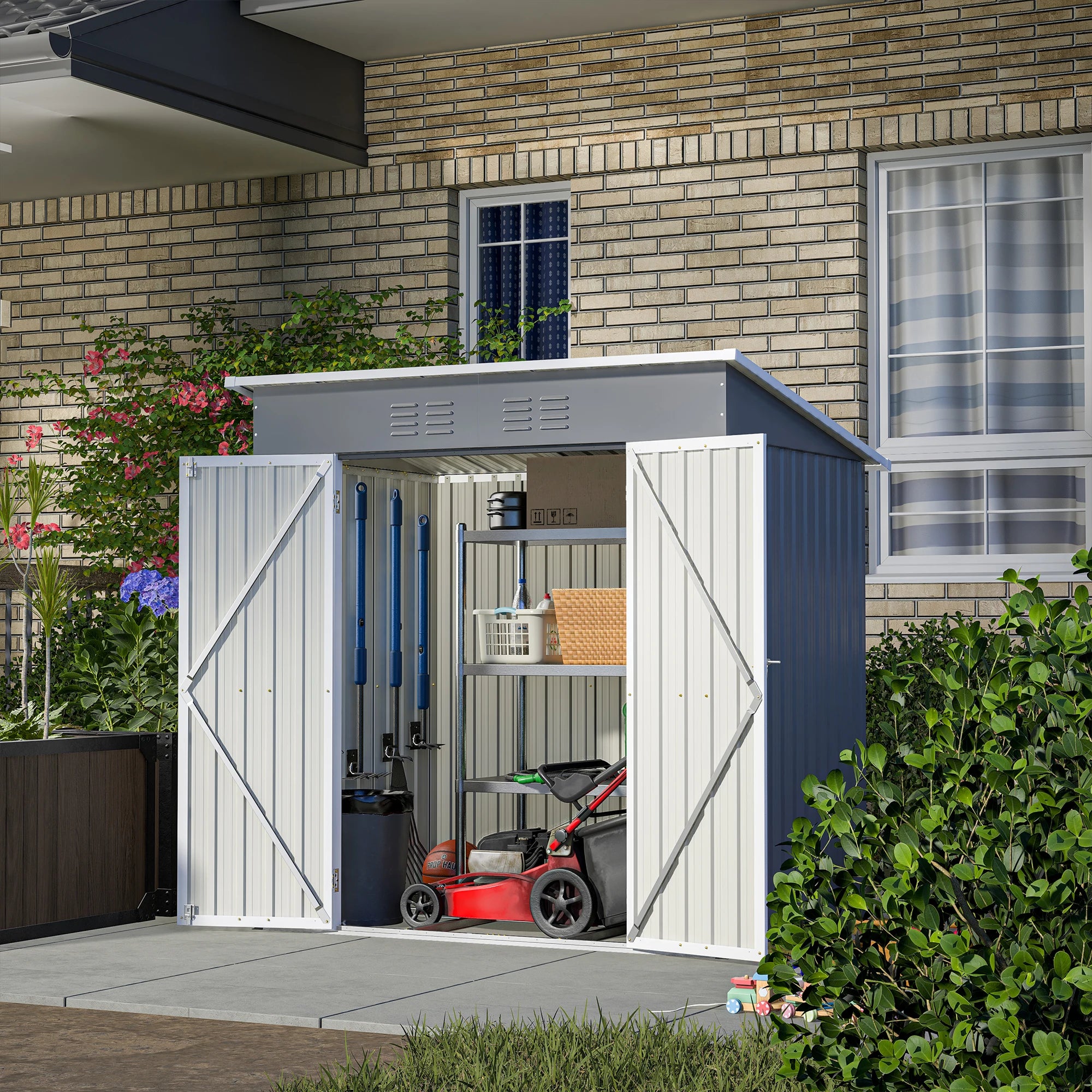 6x4 Ft Heavy Duty Metal Outdoor Storage Shed Lockable Double Doors with Floor Frame All Weather Utility Cabinet Backyard Patio